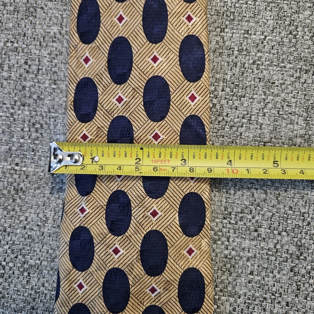 Lands End Tie Mens 58 in Long Vintage Gold Blue Ovals Geometric Silk Wide